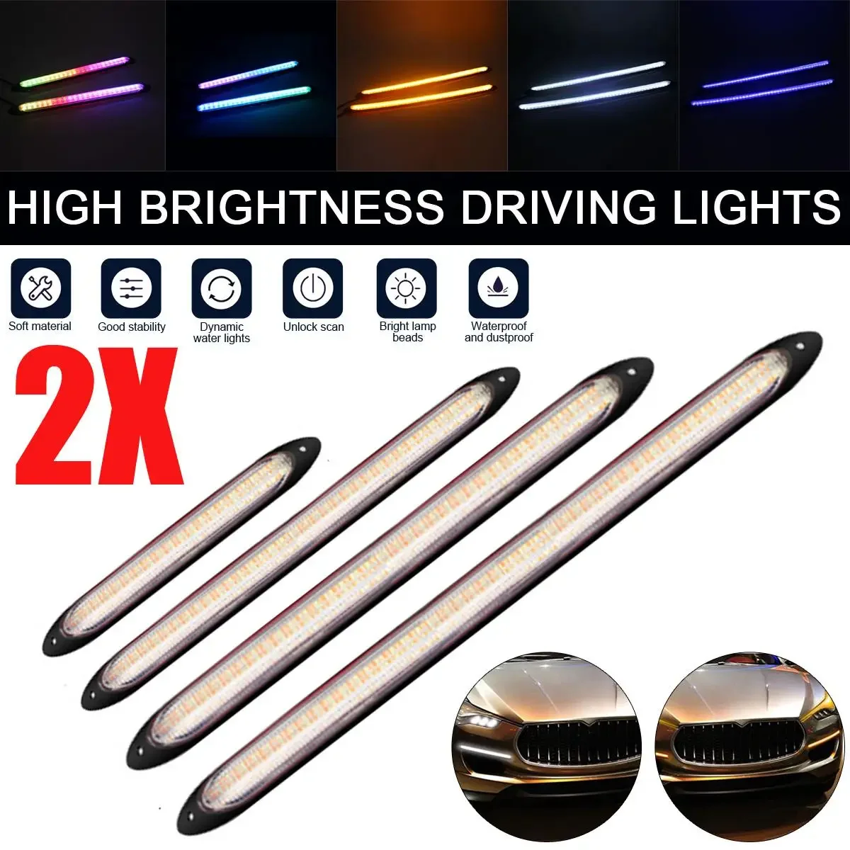 Car Accessories 12V Flexible LED Strip Turn Signal Lamp Yellow White Auto Flowing Daytime Running Light for Headlights 2 Pcs