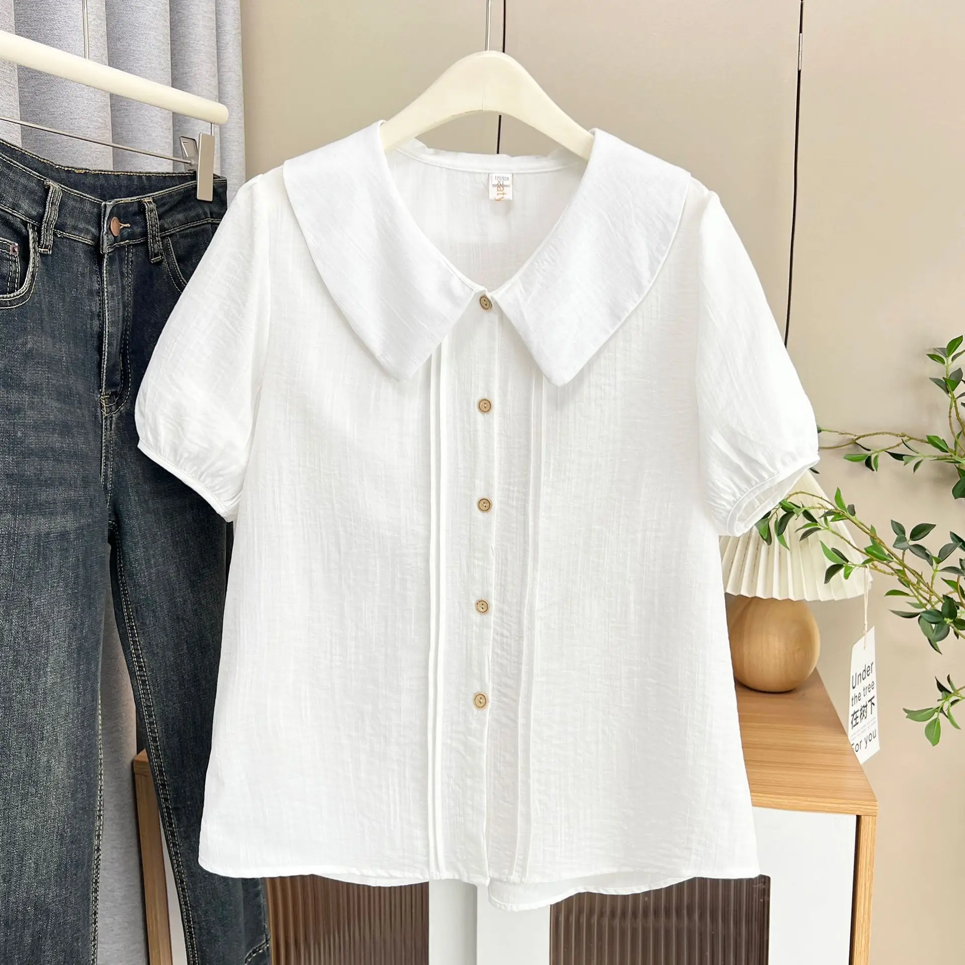 Verão novo plus size camisa feminina 100kg doce e elegante peter pan colarinho de algodão de bambu blusas de manga curta