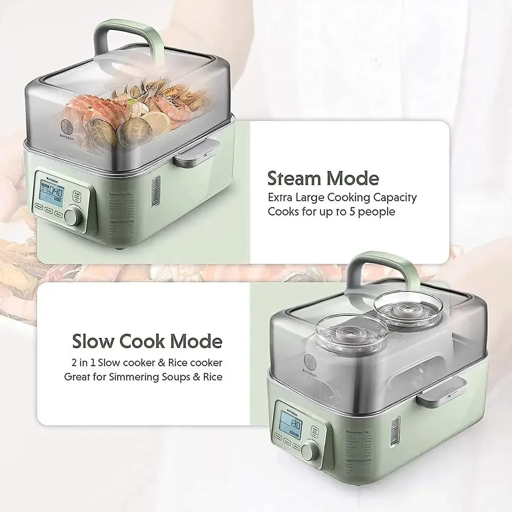 Electric Food Steamer 2 Tier Stainless Steel Cooking Steamer 1500W Slow Cook Mode Steam Vegetables Seafood Yogurt 10 Quart