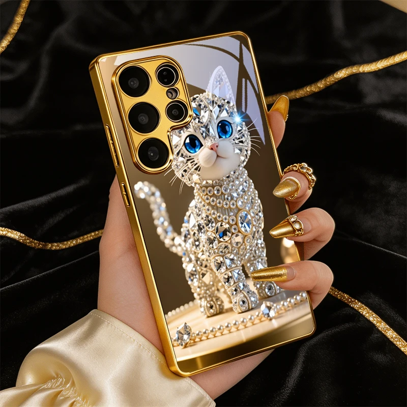 Sparkling Gem Cat Electroplated Golden Phone Case For Samsung Galaxy S25 S24 S26 S23 S22 S21 S20 Ultra Plus FE S26+ Glass Cover