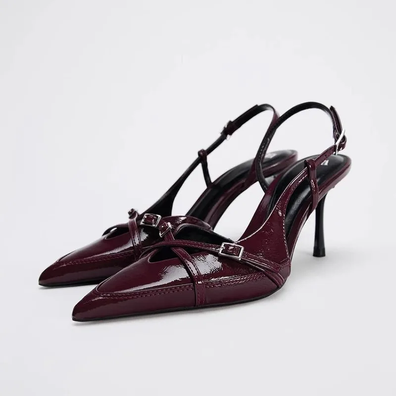 Женская обувь на слинге, сексуальные женские сандалии с пряжкой и ремешком, туфли-лодочки, элегантные туфли на высоком каблуке с острым носком, для банкета и вечеринки, с открытой пяткой