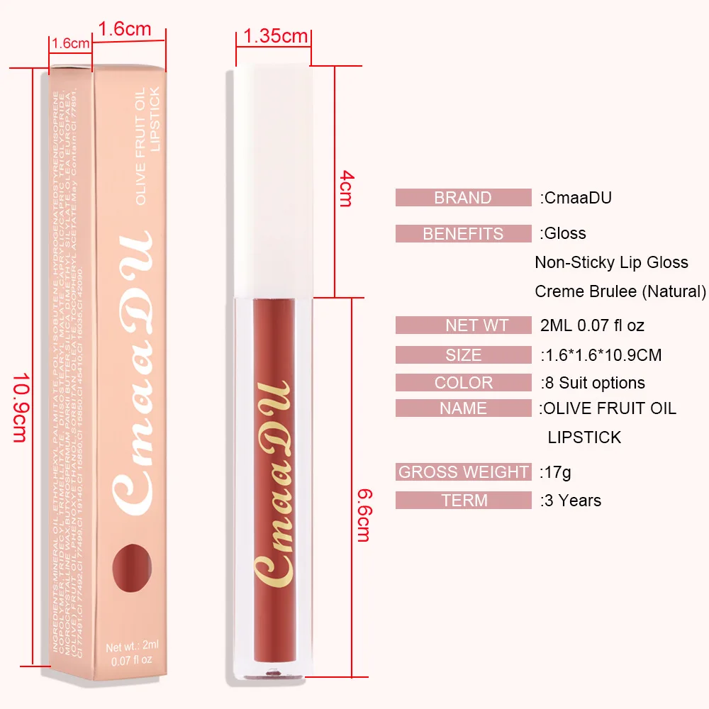 CmaaDu 8 Colors Lip Gloss Matte Non-stick Cup Lipstick Olive Cream Bright Makeup Moisturizing Long Lasting Glossy Lip Cosmetics