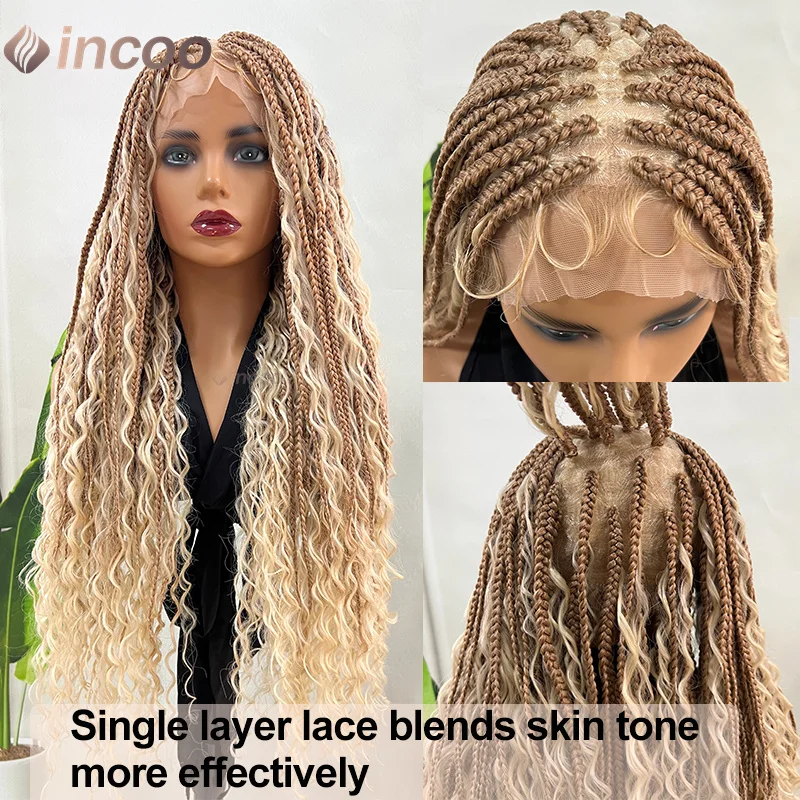 Syntetyczne 32-calowe plecione peruki Boho 613 Blonde Full Lace Box Braids Peruki dla czarnych kobiet Bezszwowe plecione peruki z Baby Hair