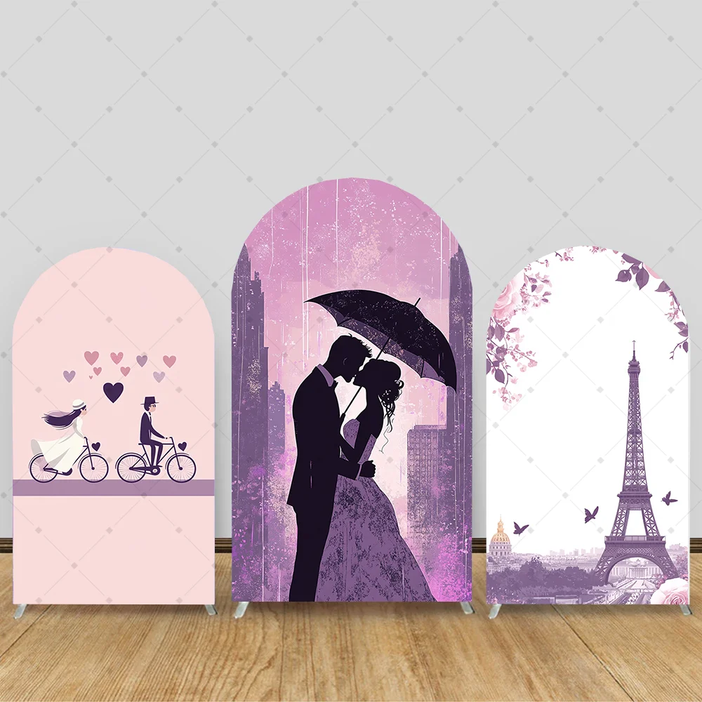 

Valentine's Day Arch Backdrop Cover Romantic Bicycle Costumes Floral Pink Purple Romance Shower Party Decor Portrait Background