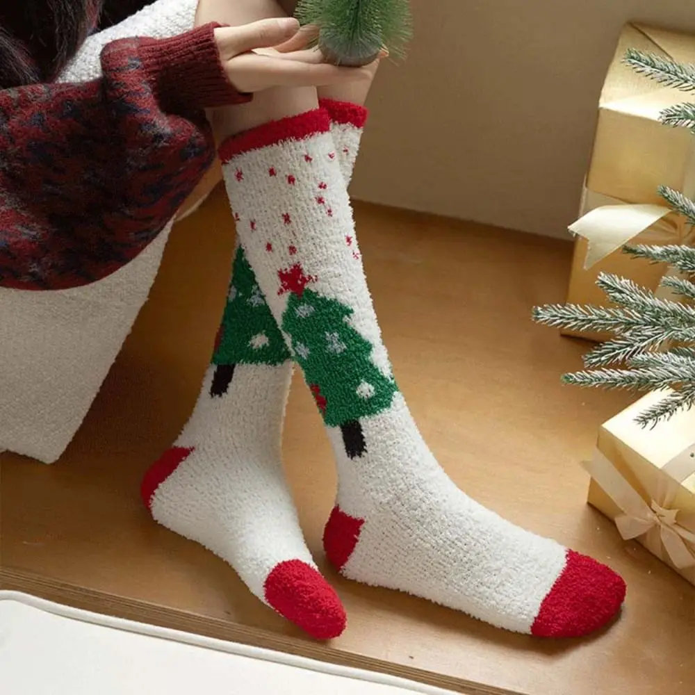 Cute Calf Socks Christmas Stocking Long Tube Coral Fleece Home Sleep Socks Santa Claus Elk Women Hosiery Home Wear