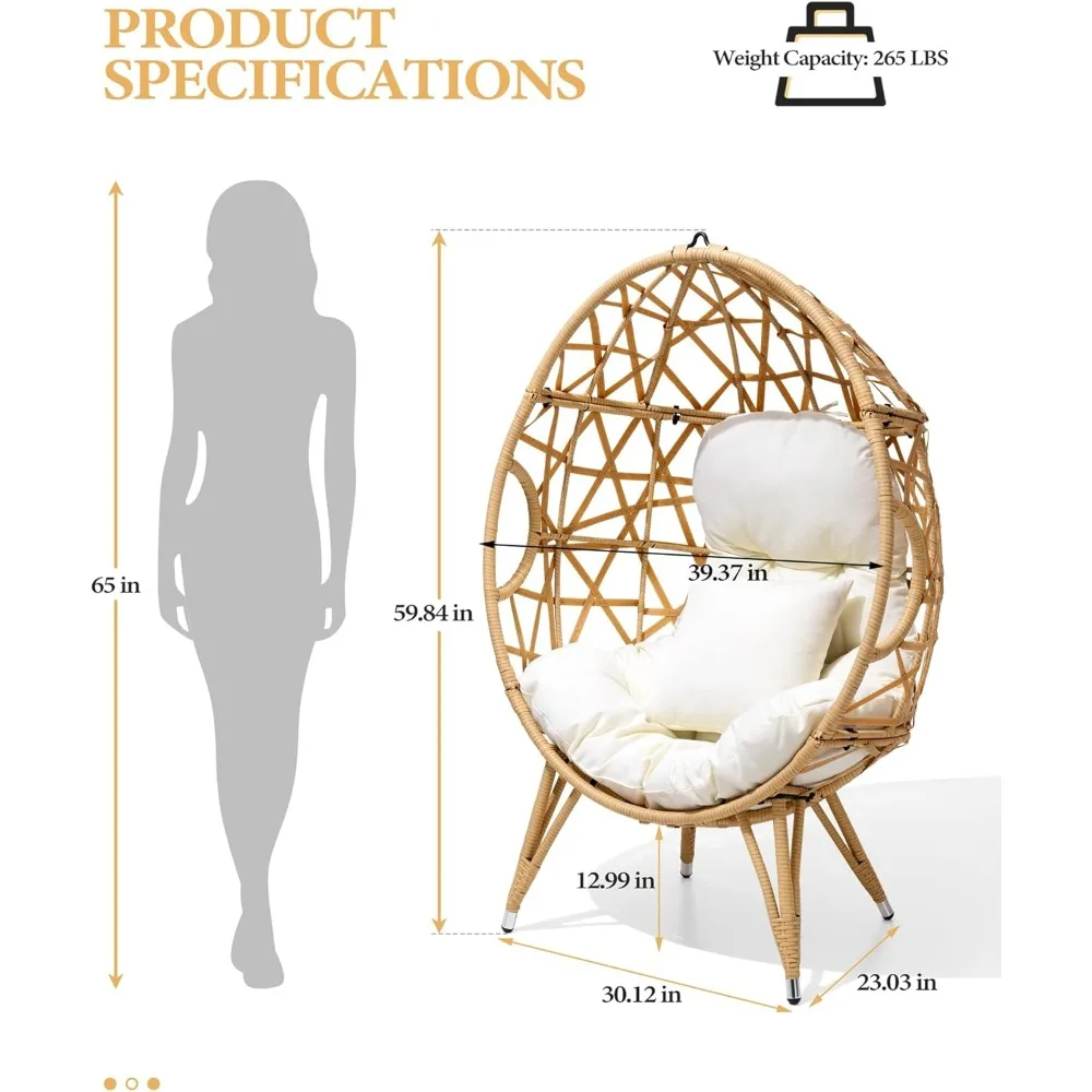 Patio Wicker Egg Chair with Cushion and Pillow,Oversized Rattan Hanging Basket Lounge Chair with Legs, Teardrop Cuddle