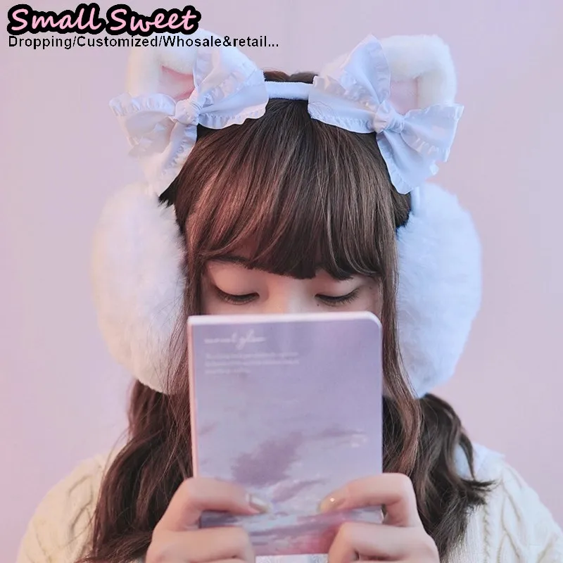 겨울 고딕 펑크 수제 귀여운 리본 다크 따뜻한 고양이 귀 리본 플러시 서브컬쳐 Y2K 소녀 보호 귀마개 액세서리