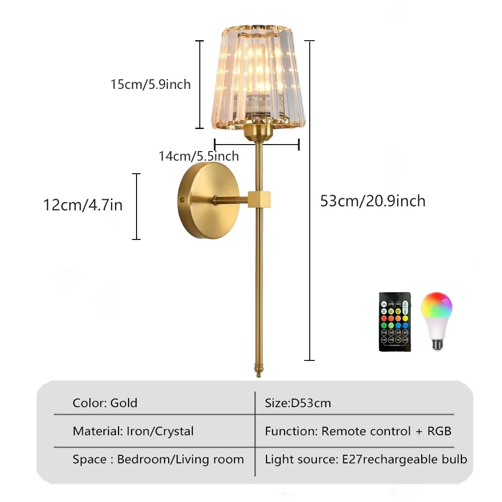 DARHYN Wiederaufladbare Wandleuchte, Kristallglas, RGB, wiederaufladbar, E27-Glühbirne, dimmbar, für Wohnzimmer, Schlafzimmer, Flur, Hotel, LED-Umgebungsbeleuchtung 7