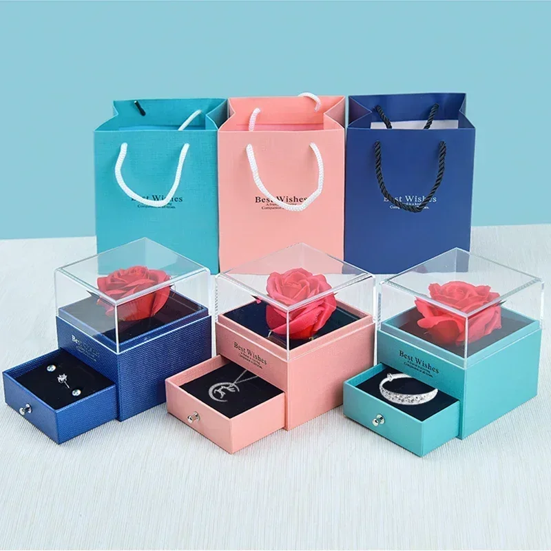 Eternal Rose Flower Gift Box Acrylic Ring Necklace Storage Boxes For Girlfriend Mother Xmas Gift Packaging Display Jewelry Case