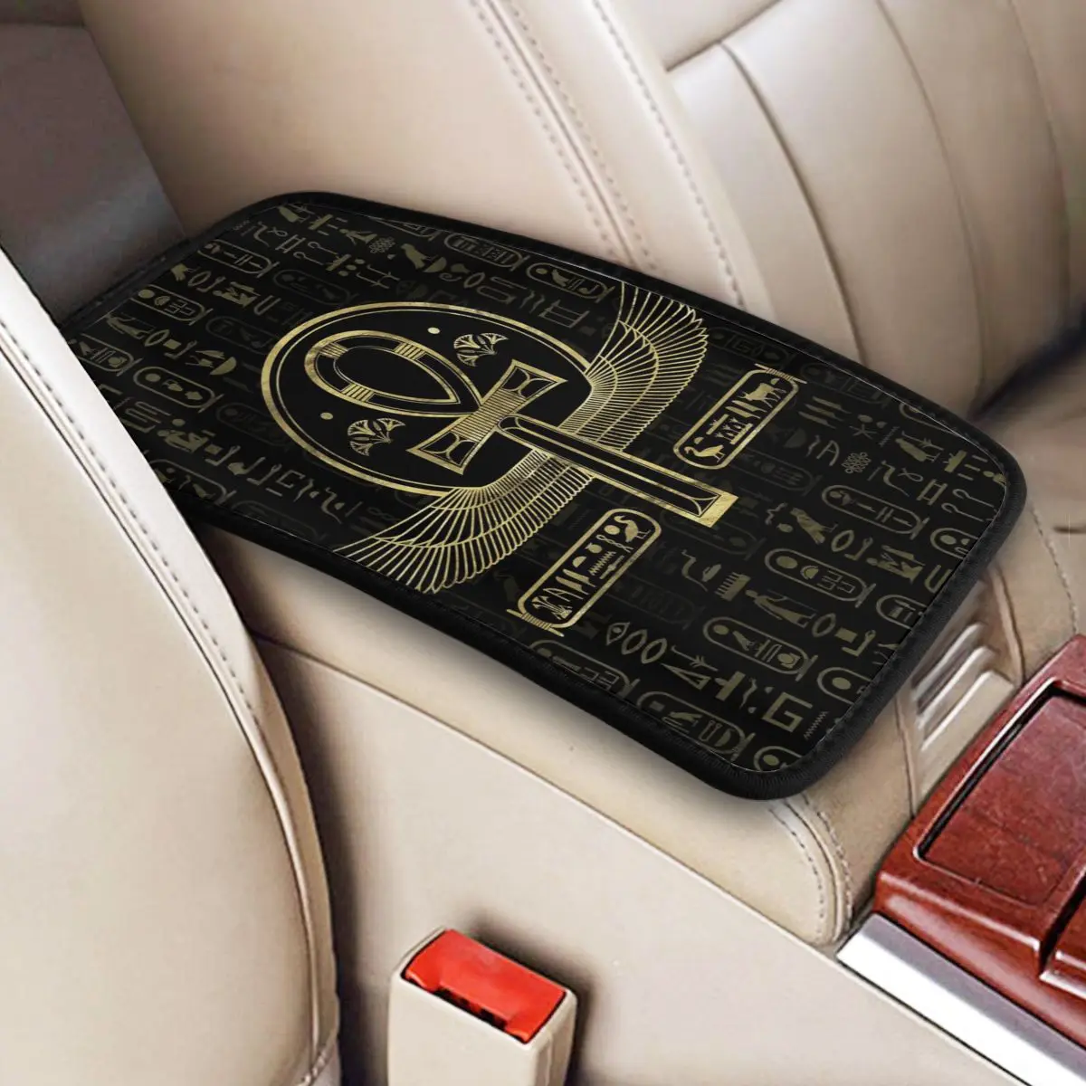 Ancient Egypt Ankh Mythology Car Armrest Cover Mat Plaid Collage Leather Center Console Cushion Pad Car Interior Accessories