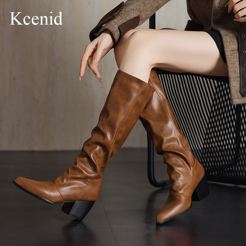 

Kcenid Ladies Big Size Fashion Pleated Knee High Boots For Women Square Toe High Heels Sexy Elegant Winter Chelsea Boots