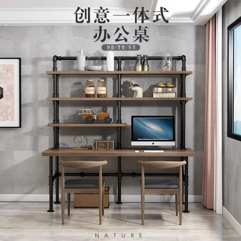 Industrial style solid wood desk bookshelf combination bedroom writing desk bookcase desk integrated creative student computer