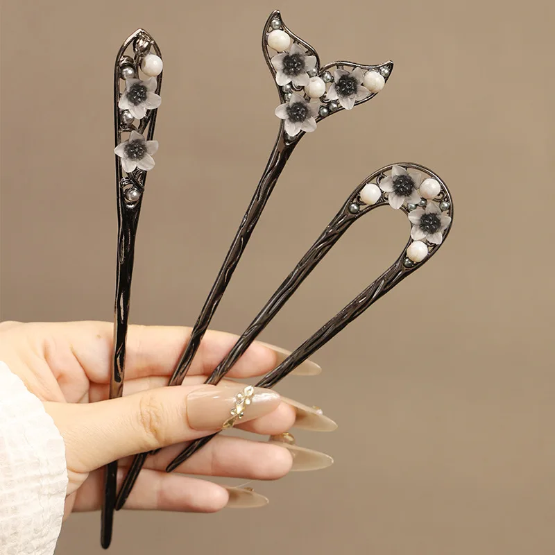 Vintage New Chinese Style Hair Forks Temperament Flower Pearl Decor Tassel Ancient Hairpins Hanfu Simple Hair Accessories
