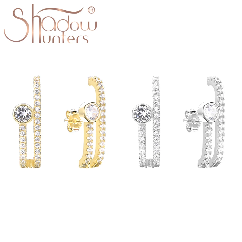

Серьги-подвески SHADOWHUNTERS из стерлингового серебра 925 пробы с белыми цирконами, двойные полукруглые, для женщин, длинные серьги-гвоздики с двумя рядами цирконов