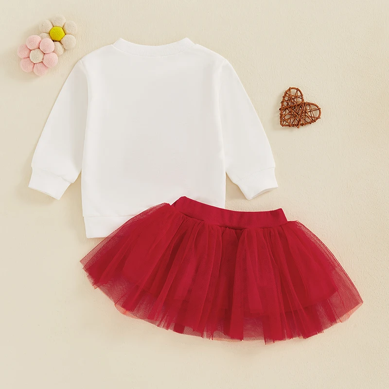 Kids Girls Valentine Day Set Long Sleeve Embroidery Letters Sweatshirt Tops with Tulle Skirt 2-piece Outfit