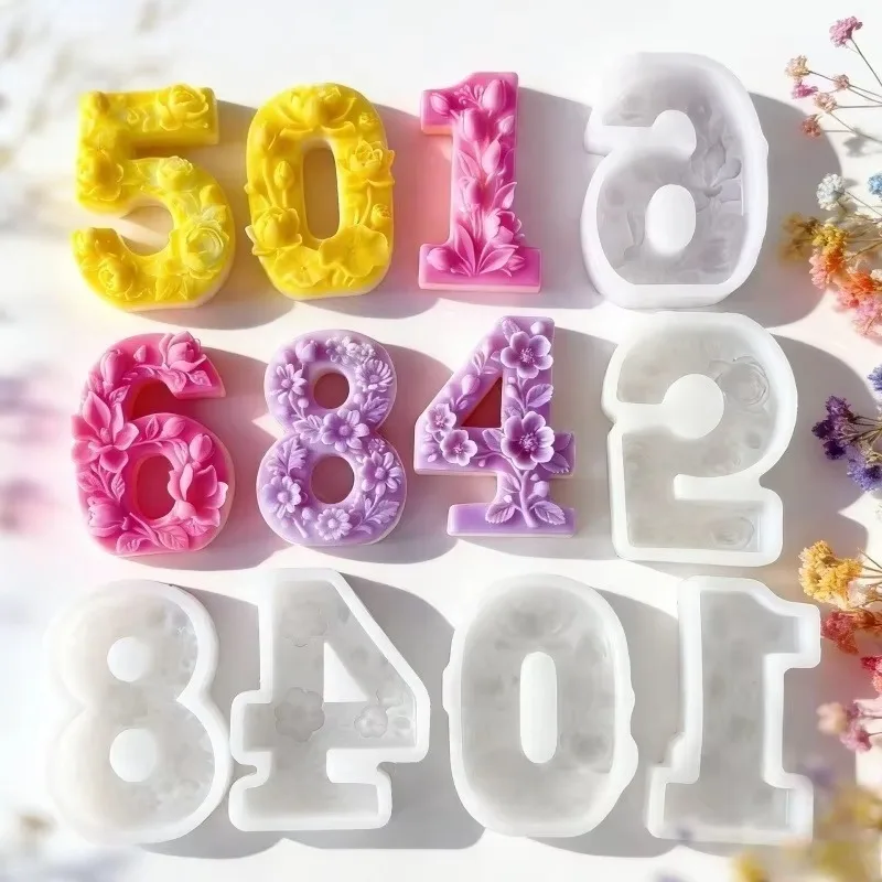 DIY Floral Relief Number large Silicone Mold 3D Scented Candle Resin Plaster Handcraft Gift Tool Cake Fondant Decor Baking Mold