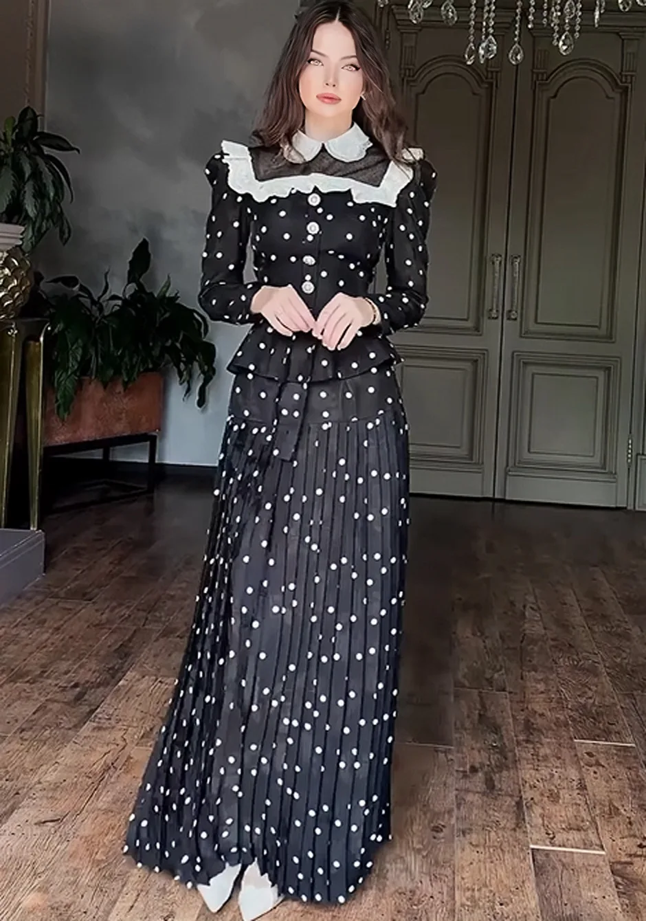 

Women's Polka Dot 2-Piece Set Vintage Style Lace Collar Peplum Top Pleated Skirt Elegant Retro Party & Formal Occasion Outfit