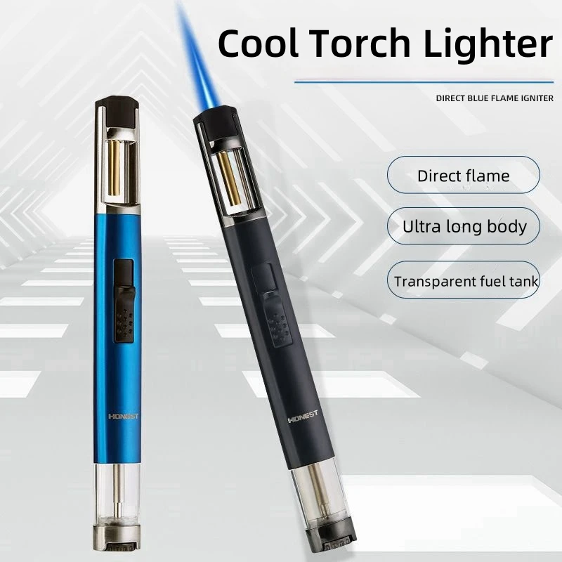 HONEST Metal Extended Visible Gas Box Windproof Cigar Lighter Butane Gas Straight Jet Blue Flame Inflatable Lighter Kitchen Gift