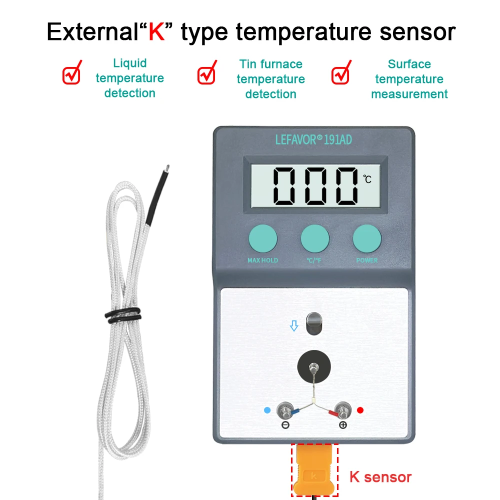 LF191AD Soldering Iron Tip Thermometer Temperature Tester 0-800 C with 5 x Lead Free Sensor Set K type thermocouple C/F switch
