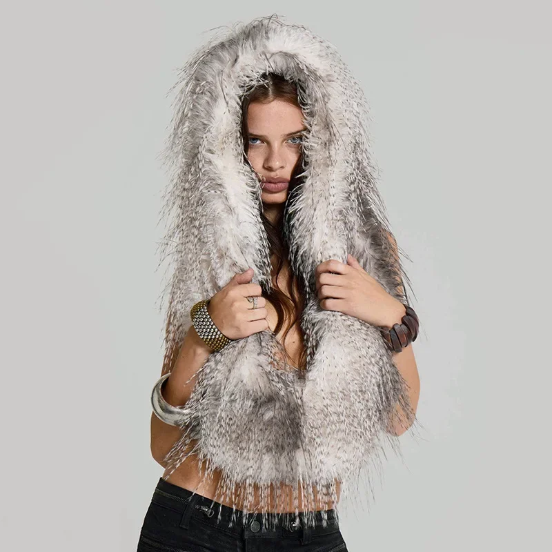

Fmxires 2025 Women Y2K Fashion Skinny Pullover Faux Fur Crop Tops Coat Outfits Sleeveless Sexy Club Streetwear Hoodies Tank Tops