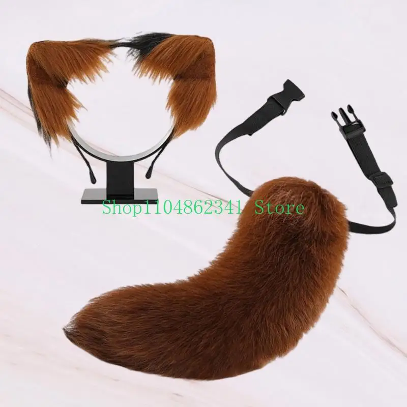 5ASD Wolf Cats Foxes Tail with Cats Ears Headsbands Halloween Christmas Party Costume Toying For Woman Man Cats Costume