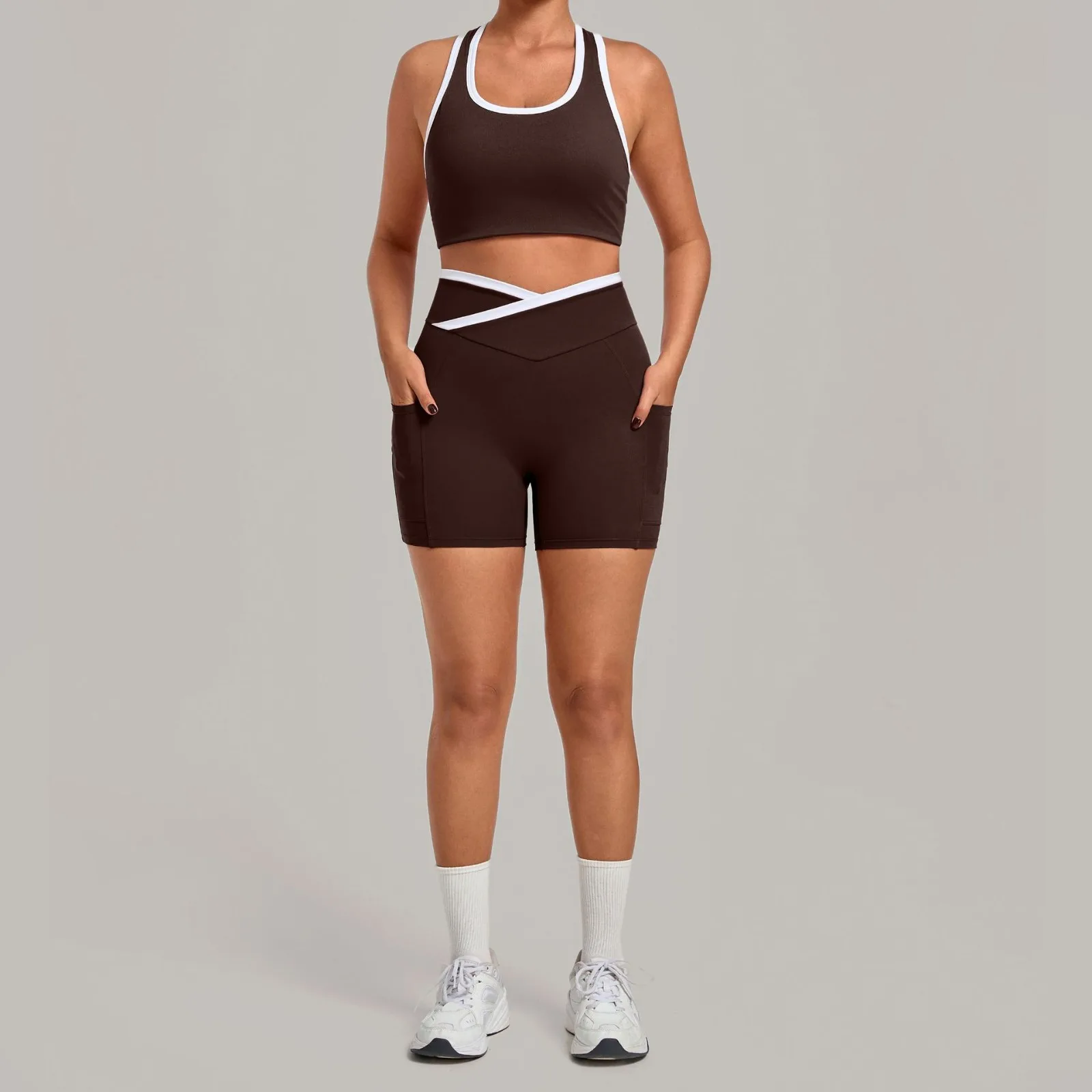 

Women's Gym Workout Clothes Tight Vest Straight Pocket Shorts Yoga Sets Contrasting Splicing Outdoor Sports Running Fitness Suit