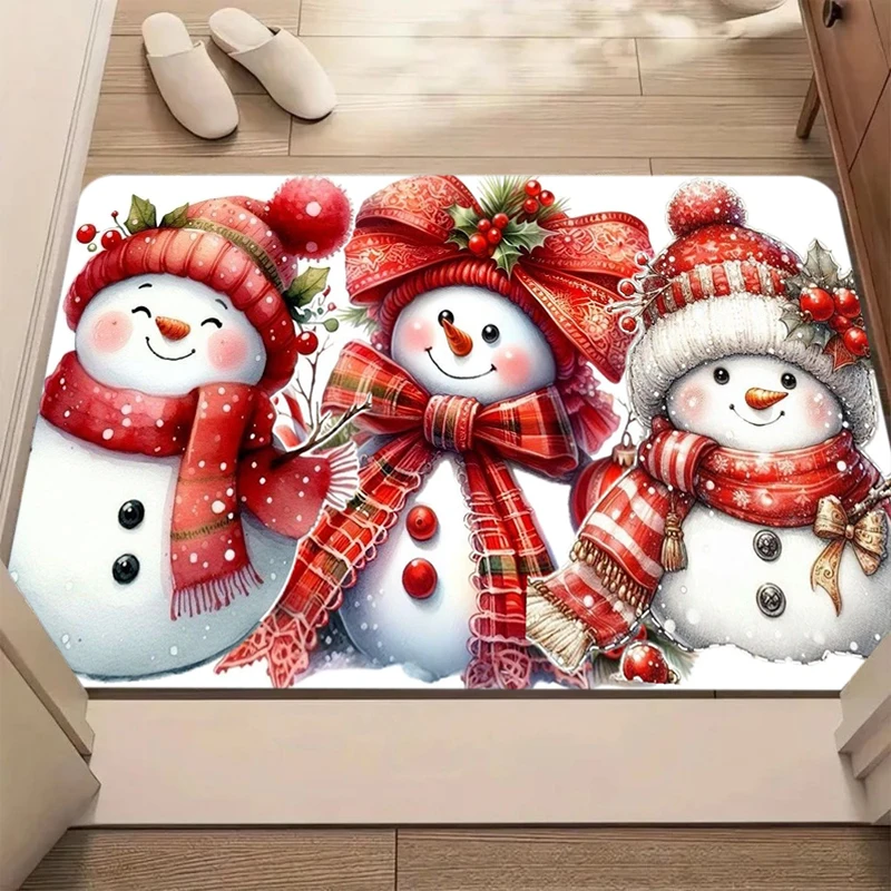 Three Cute Snowman Knit Hat Scarf Pine Cone Winter Entrance Mat Non-Slip Doormat for Front Door Porch Cheer