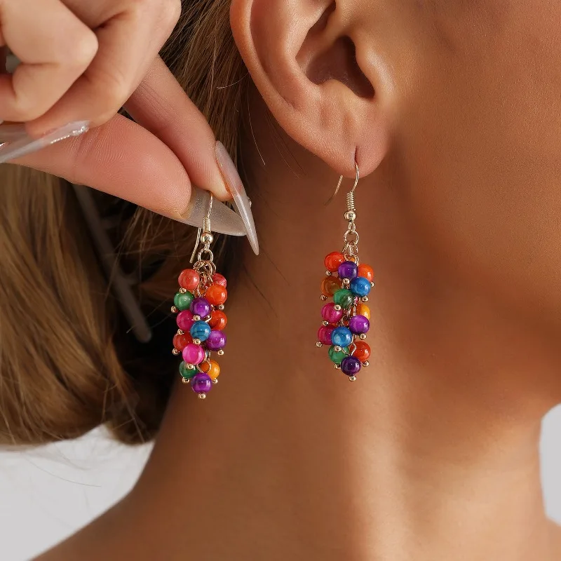 Women's Chinese Style Mixed Color Beaded Earrings Bohemian Grape Cluster Design Sweet Cool Fashion Jewelry Party Gift Accessory