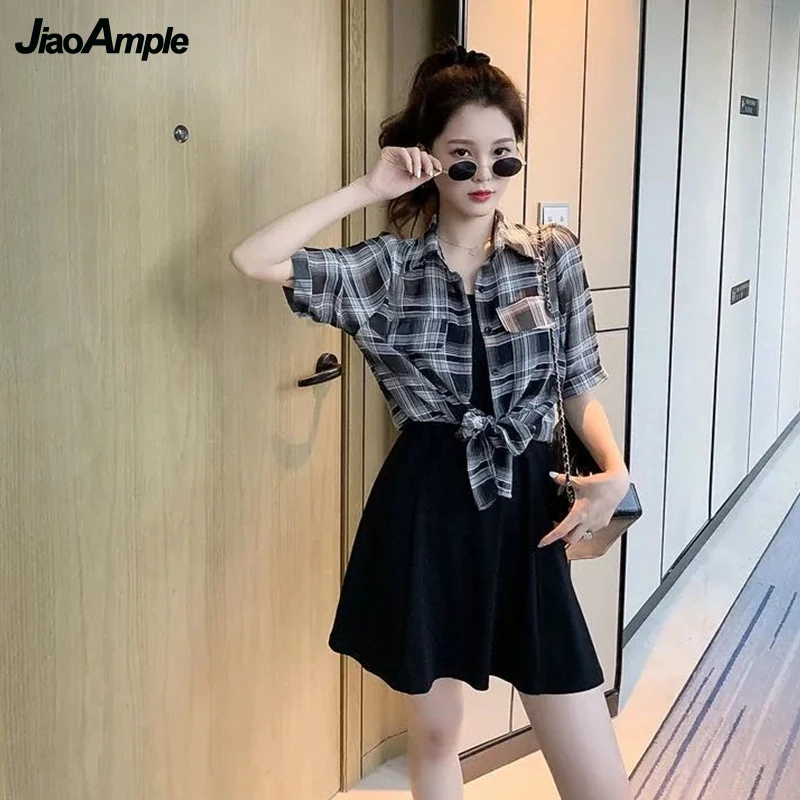 Damskie koreańskie Casual Plaid krótka koszula Camisole Mini sukienka dwa kawałki zestaw 2022 moda studencka czarne sukienki Streetwear kobieta