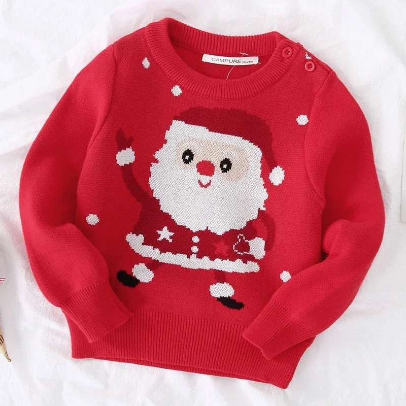 Christmas Sweater Children Clothing Baby Girls Boys Knit Santa Claus Print Knitted Sweater Winter Kids New Year Party Sweaters