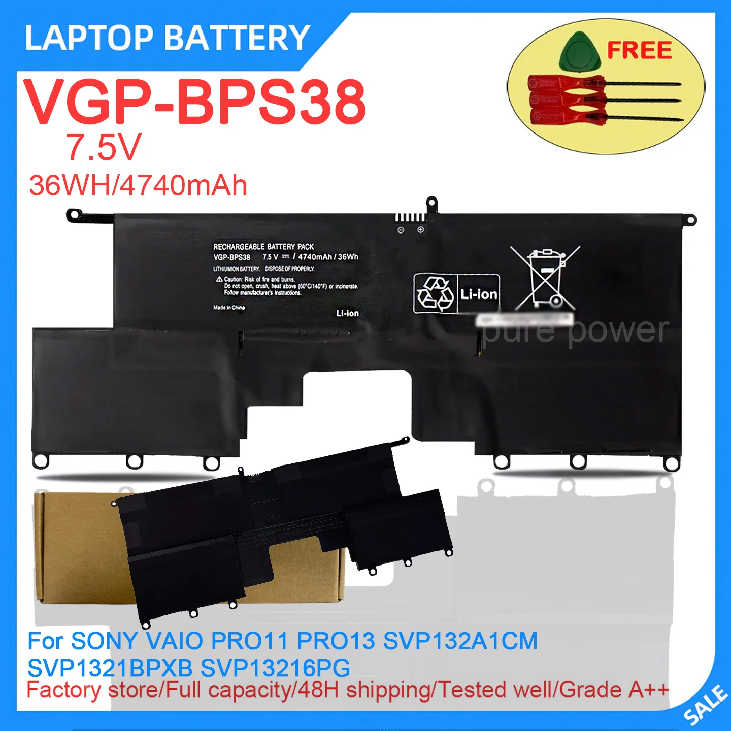New Laptop Battery VGP-BPS38 7.5V 36WH 4740mAh High Quality For SONY VAIO PRO11 PRO13 SVP132A1CM  SVP1321BPXB SVP13216PG