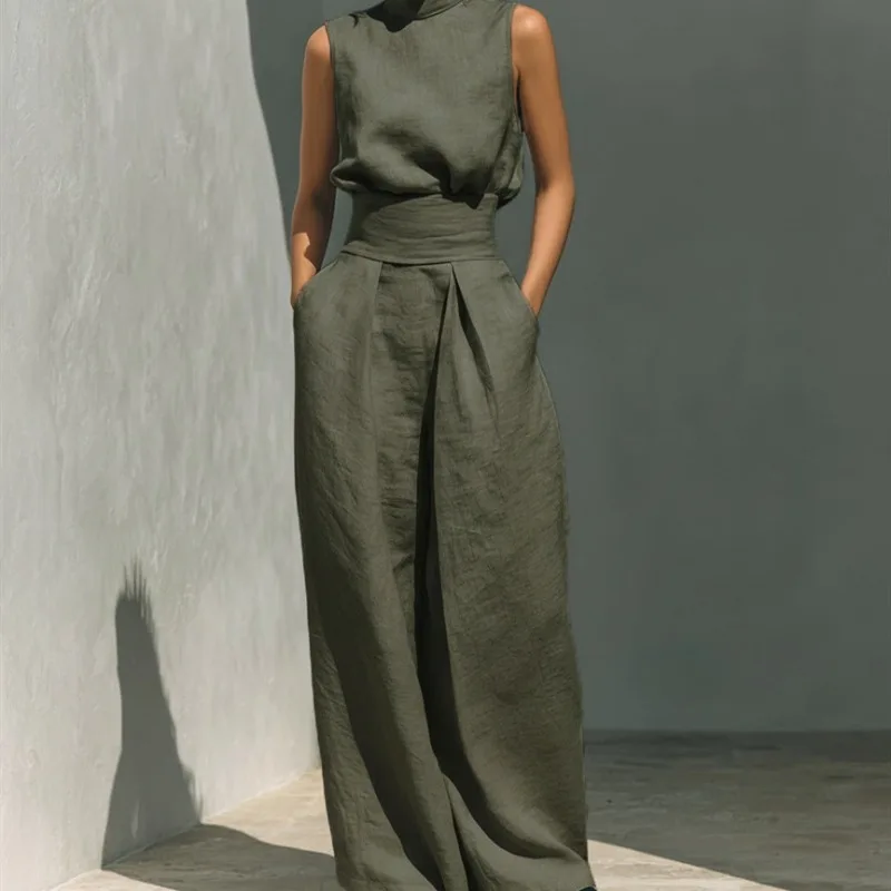 

2026 Summer Linen Sleeveless Top Casual Two Piece Women Outfit Breathable Lightweight Beach Vacation