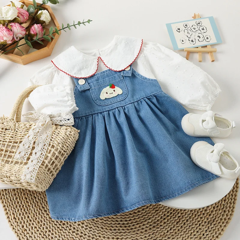 

Kxkm-Girls' Spring and Autumn New Product Set Fashionable Princess Years Old Denim Suspender Pants Dress Two-Piece Set