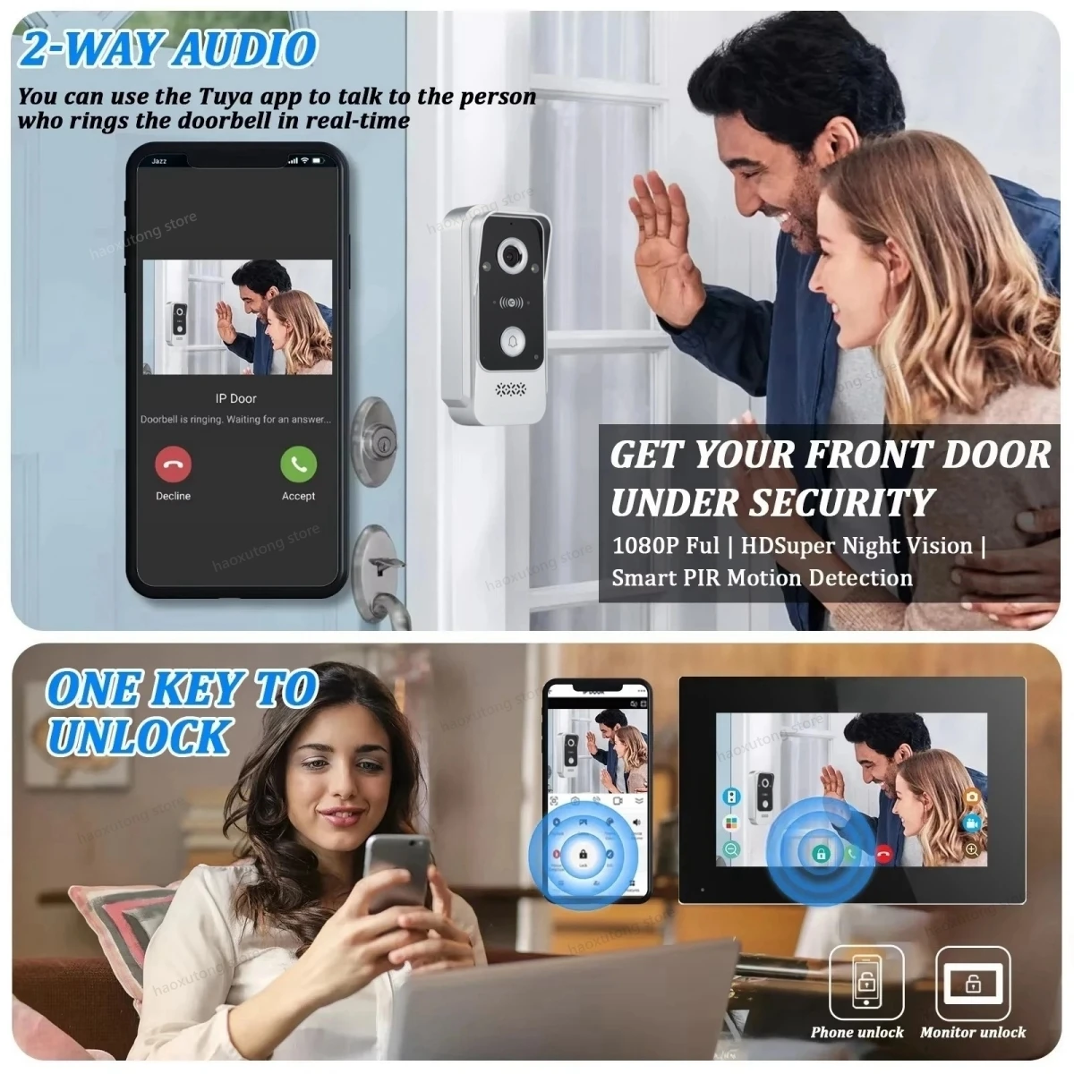 7 Inch Tuya Smart Wired Home Videophone Intercom System Dual Lock Unlocking FHD 1080P Wireless Video Doorphone Intercom Doorbell