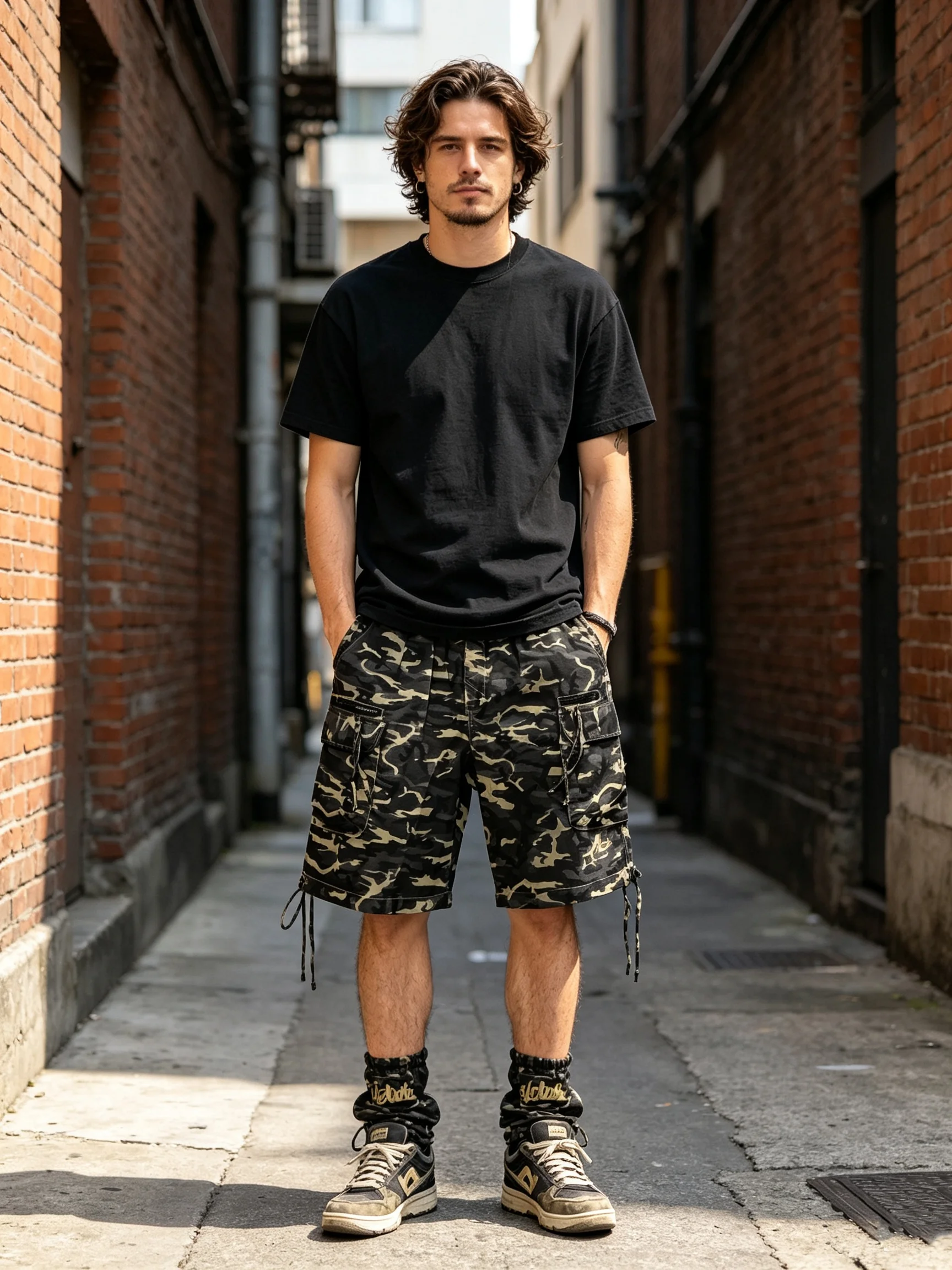 American Retro Camouflage Cargo Shorts Men Women Multi Pockets Pleated Waist Letter Embroidered Five Points Pants