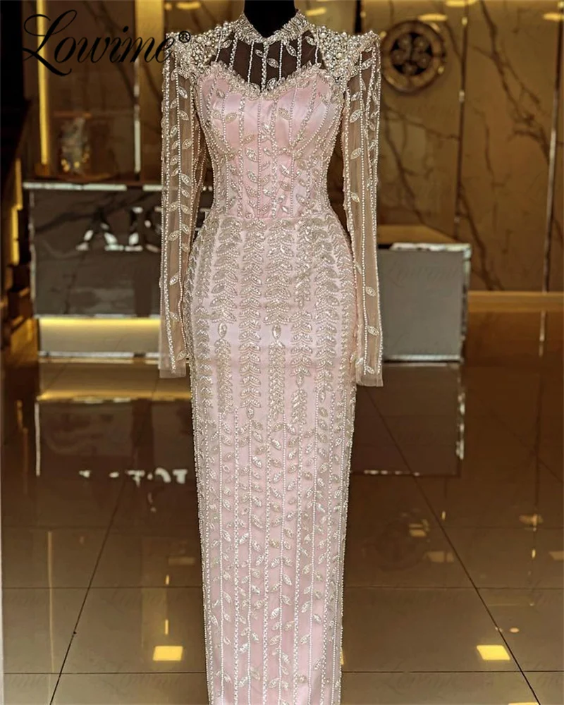 2024 Customize Pink Long Sleeve Beaded Pearls Evening Gown Arabic Mermaid Prom Dress Women Party Second Reception Birthday Dress