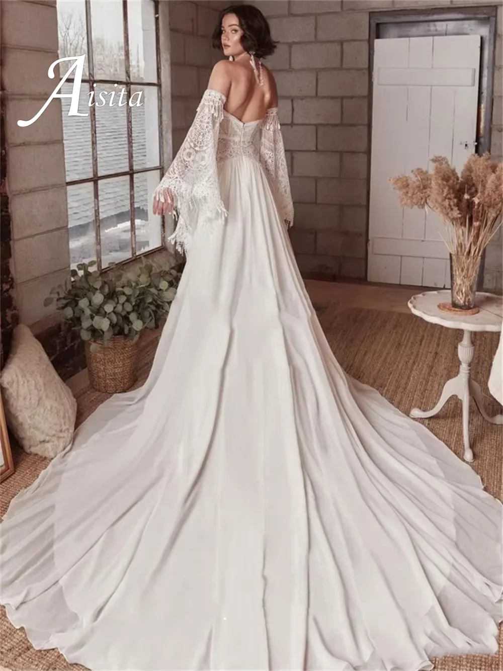 Bride Dress with Long Sleeves A-Line Sweetheart Unique Lace Beach Wedding Dresses for Women Princess Bridal Gown Customized