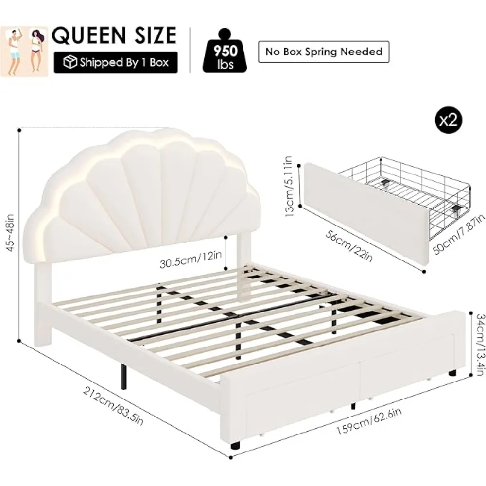 Queen Upholstered Smart LED Bed Frame with 2 Storage Drawers & Adjustable Chic Double Petal Headboard, Bed Frame