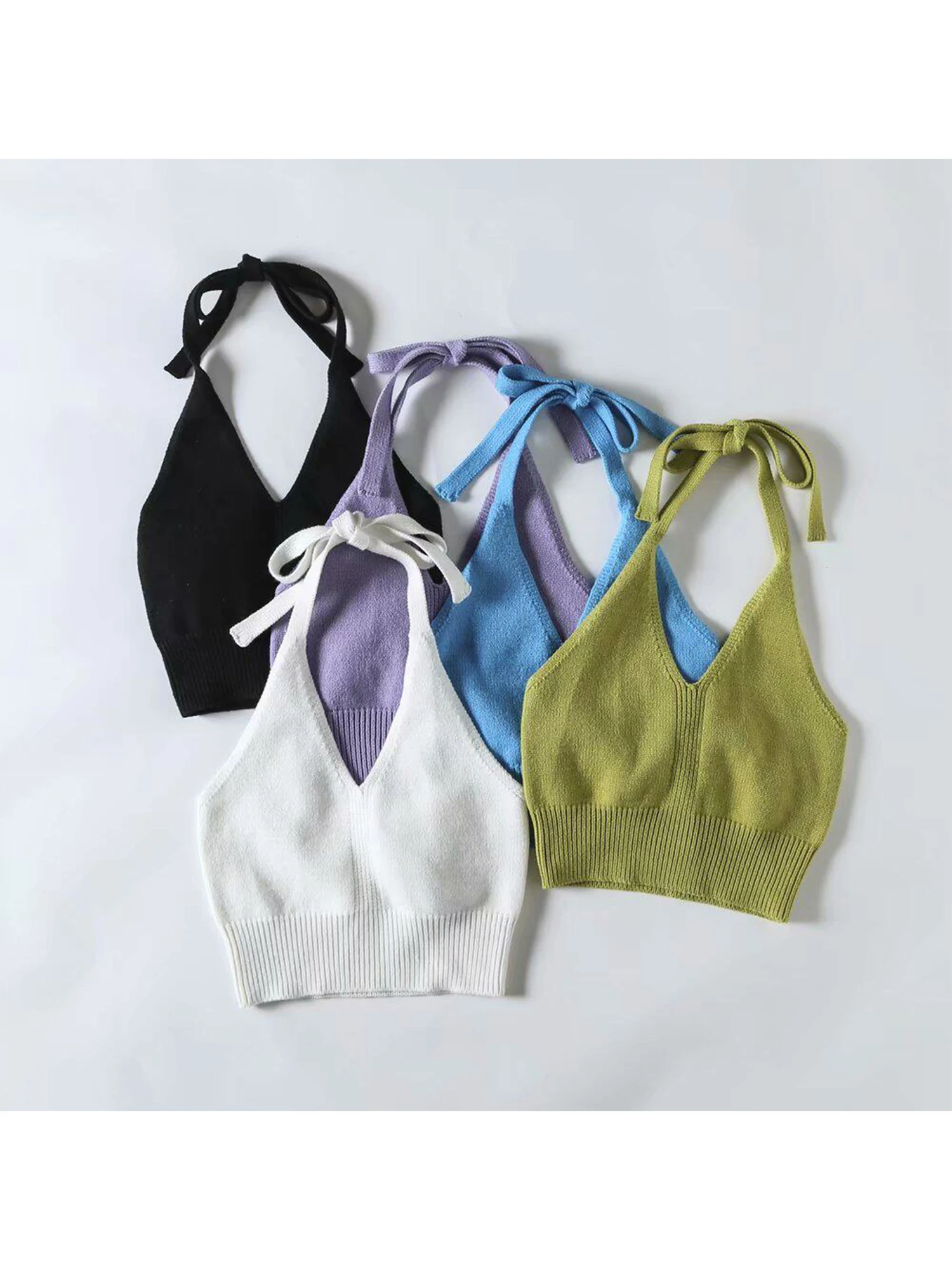 Women Blue V-Neck Corset Top Slim Fit Cropped Camisole Top 2000s Vintage Sexy Sleeveless Knit Lace-Up Tank Top for Women Summer
