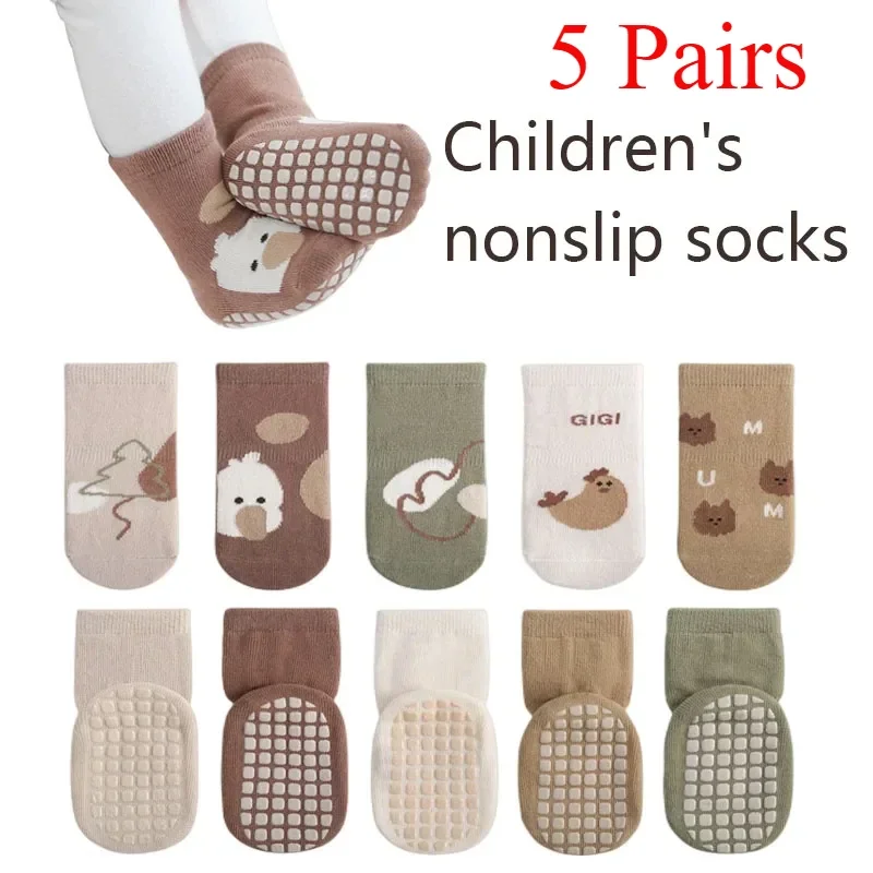 Autumn and Winter Baby Floor Socks Cartoon Non-slip, Rubber Sole, Toddler Socks, Indoor, Children's Tube Cotton Socks 1/ 5 Pairs