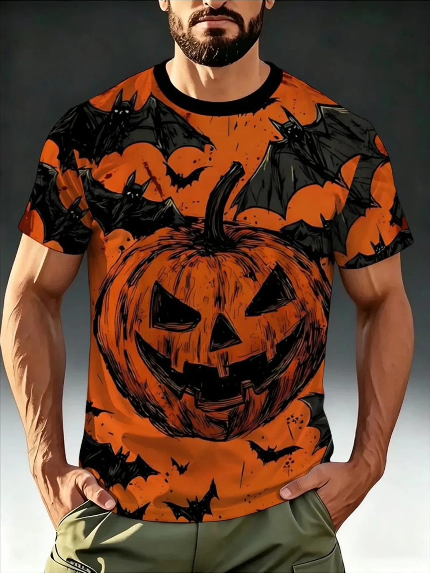 2026 New Men's Halloween T‑Shirt Scary Lantern Pumpkin Bat All Over Print Short Sleeve Crew Neck Casual Tee for Holiday Party