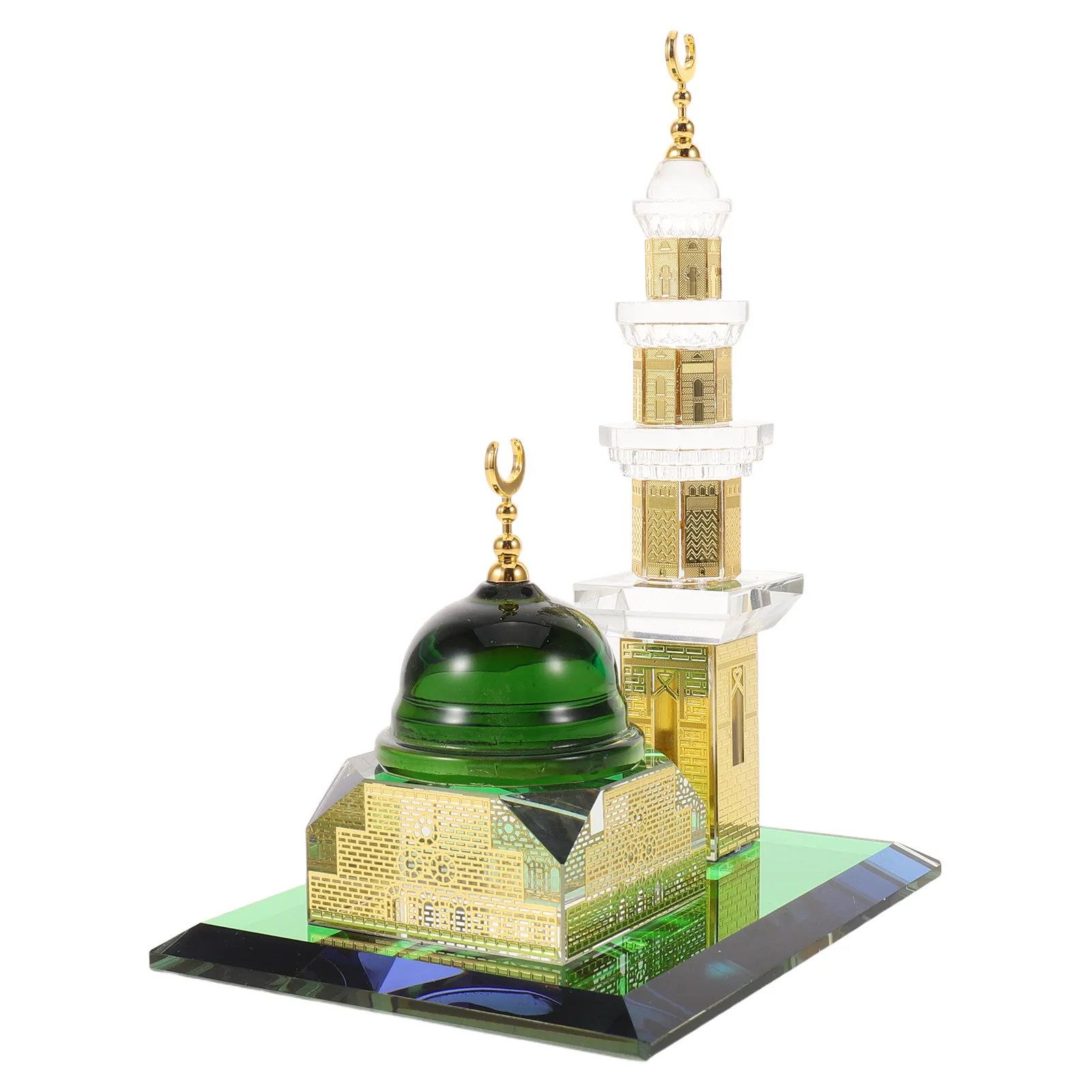 

Декоративная настольная фигурка в виде часовой башни - позолоченная, с кристаллами, в исламском стиле, для мечети, офиса, дома - к мусульманскому празднику Ид