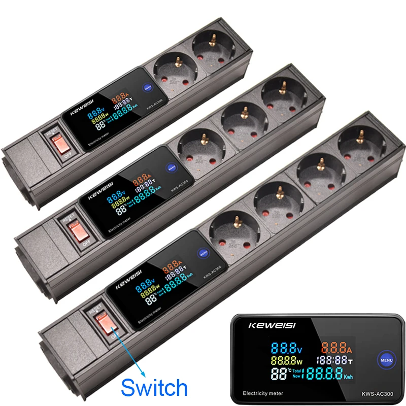 Tira do Poder da ue com Interruptor Amperímetro Digital Voltímetro da Energia do Poder Amperímetro Soquete Europeu Relação C14 10