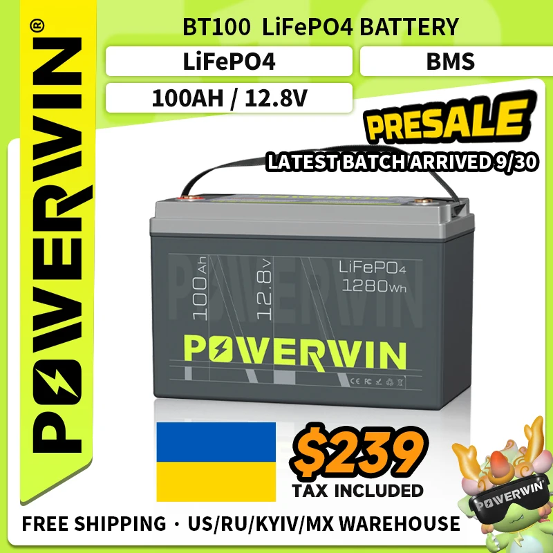 

POWERWIN BT100 12.8V 100Ah 1280Wh Grade A Cell Off-grid System Built-in BMS LiFePO4 Solar Power 4000+Deep Cycle