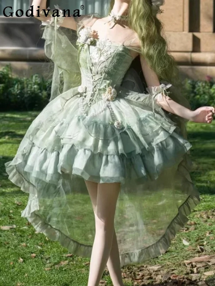 

Sweet Lolita Elegant Slash Neck Green High Waist Princess Evening Dress Fashion Versatile Age Reduction Girl Cake Fairy Dresses