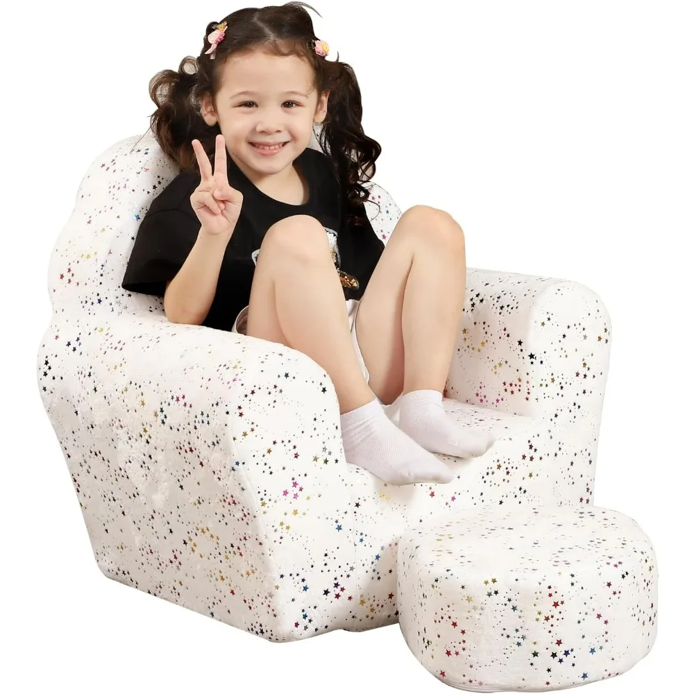 Kids Sofa with Ottoman, Shell-Like Sofa for Boys and Girls, White with Shinny