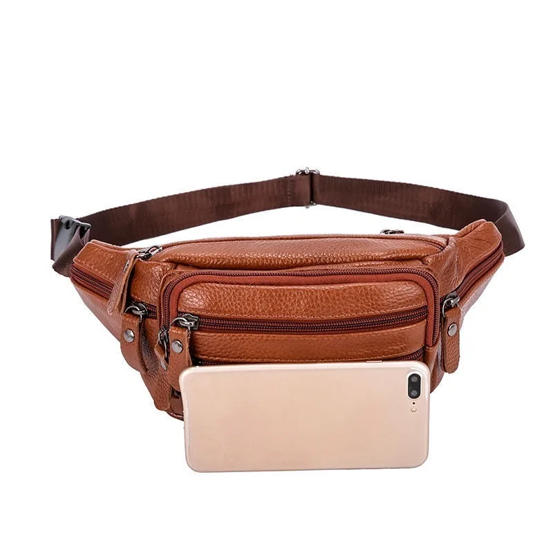 Large Capacity Waterproof Real Genuine Leather Men's Waist Bag Cowhide Male Zipper Site Workers Travel Phone Bag