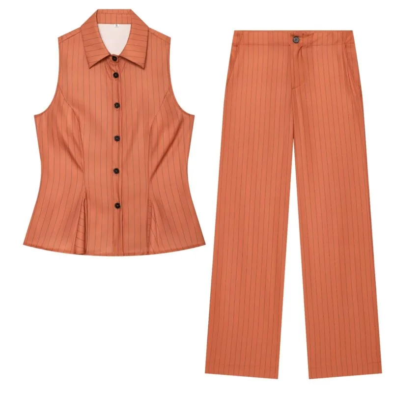 Women's Straight-Leg Pants Set New 2026 Summer Striped Sleeveless Peplum Waistcoat Low-Rise Trousers 2 Pieces Set Female Outfit
