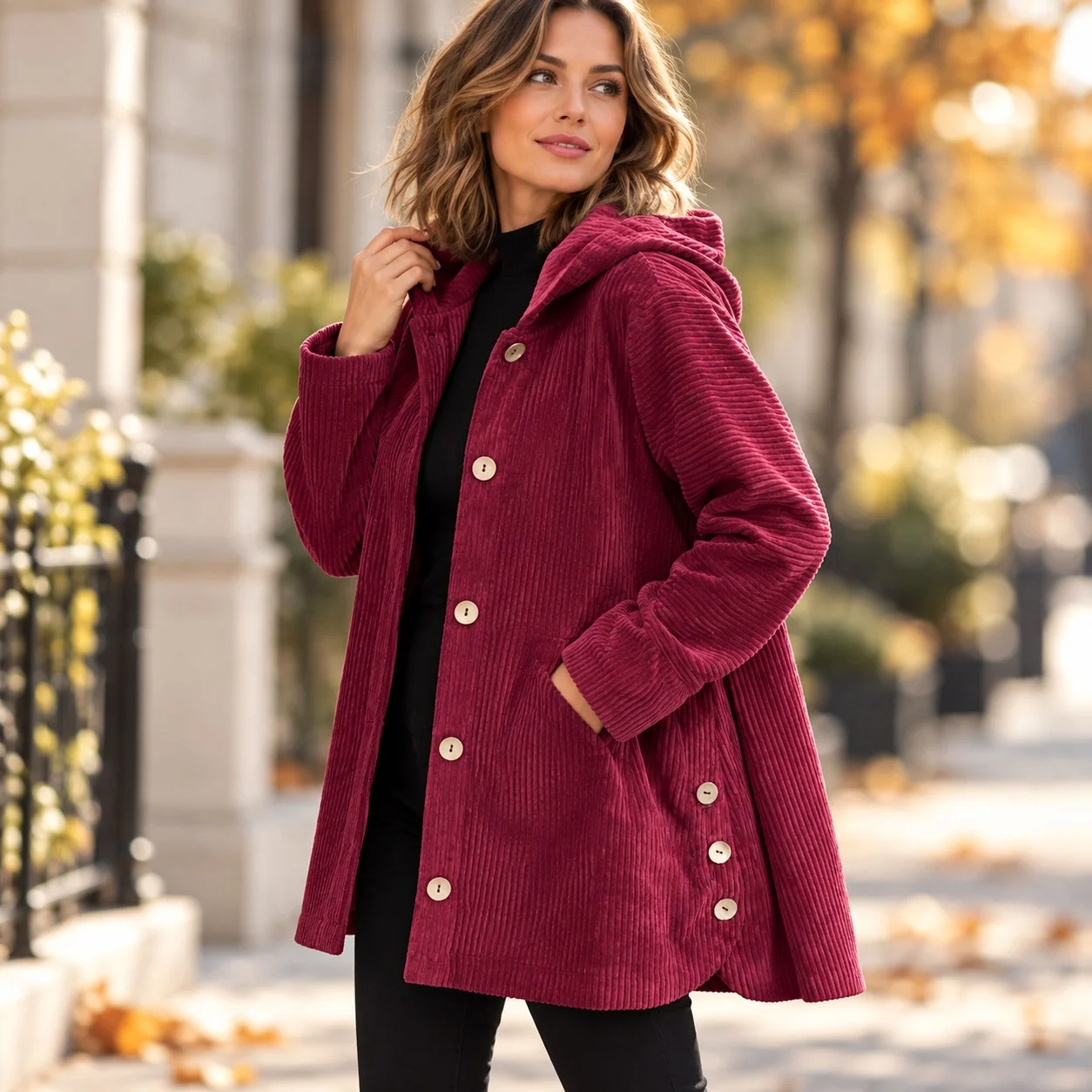 Hooded Loose Fit Coat Mid Length Commuter with Elegant Single Breasted Multi Button Pocket Detail Patchwork Jacket Women