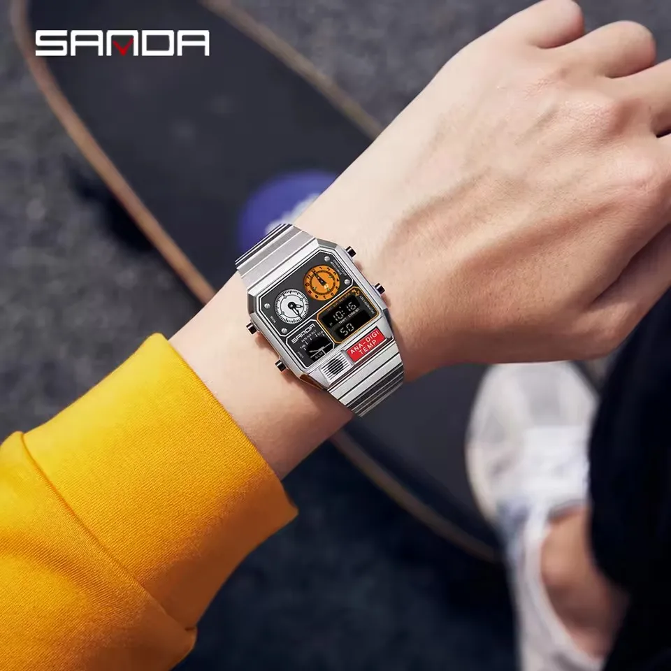 SANDA 3192 Men's Electronic Watch Square Stainless Steel Temperature Measurement Stopwatch Timing Multi functional Watch